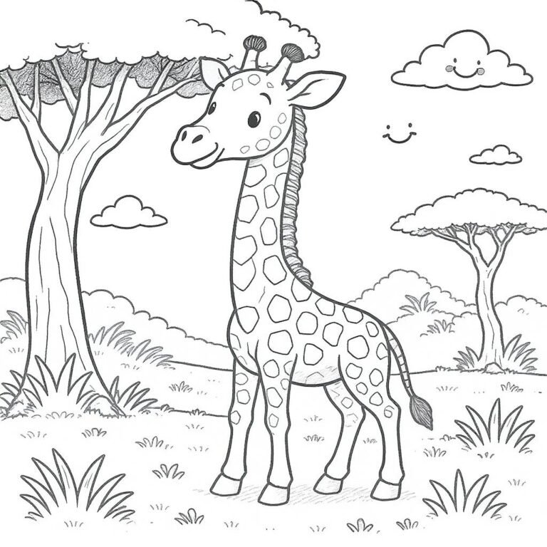 This coloring page features a tall giraffe gracefully standing among towering trees, surrounded by patchy grasses.