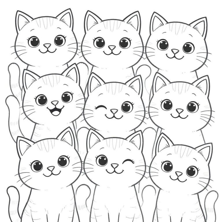This coloring page features nine cute cats sitting side by side.