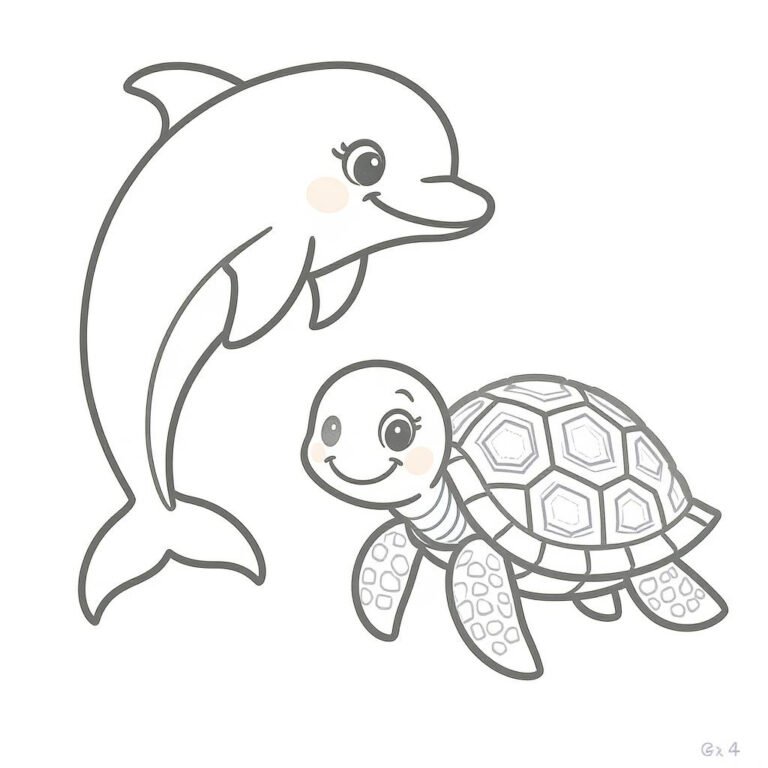 This coloring page features a dolphin and a sea turtle in a simple scene.