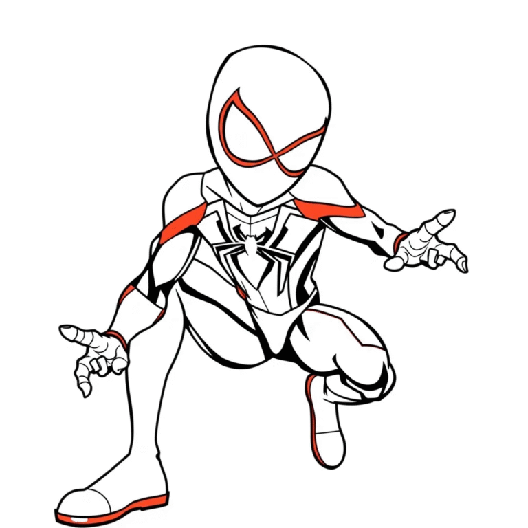 This coloring page features Miles Morales, the young Spider-Man from the Spider-Verse, in a powerful crouching pose.