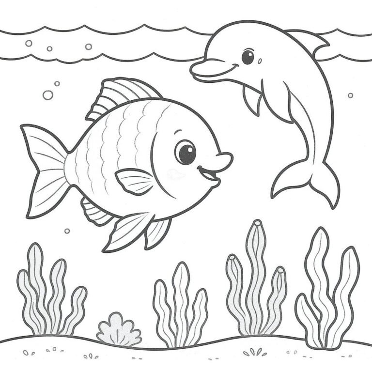 This coloring page features a fish and a dolphin swimming gracefully in the sea, surrounded by seaweeds.
