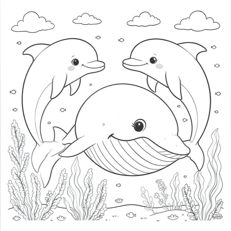 This coloring page features three cheerful dolphins swimming happily underwater surrounded by plants and bubbles.