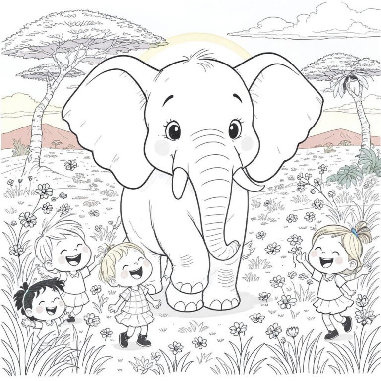 This coloring page features an elephant and cheerful kids in a wide field of flowers.