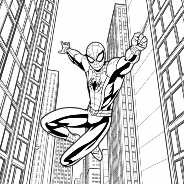 This coloring page features Spider-Man in a classic swinging pose, flying between towering New York buildings.