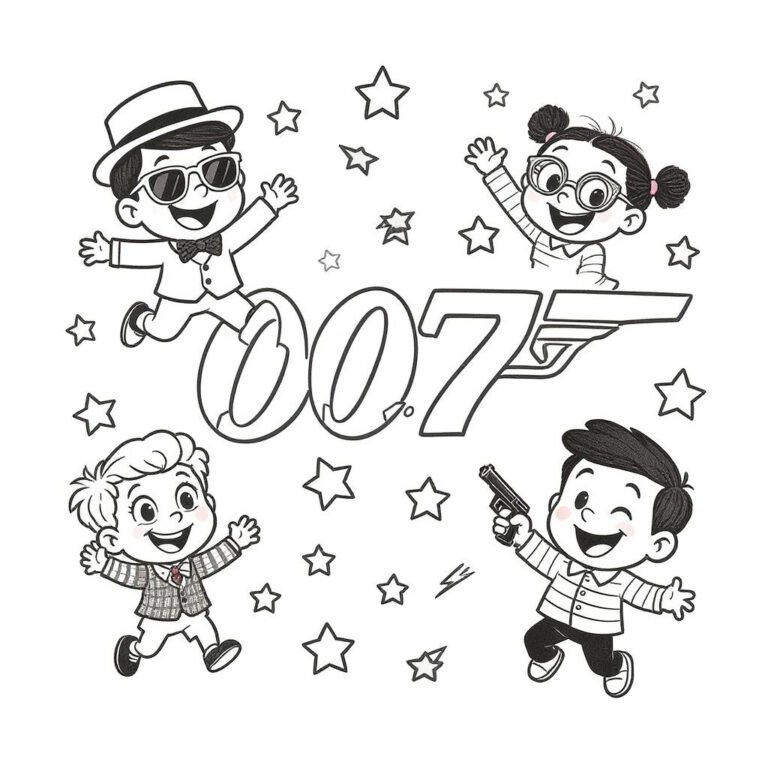 This coloring page features animated spy characters mid-mission with the 007 branding, bringing cartoon energy to the world of James Bond.