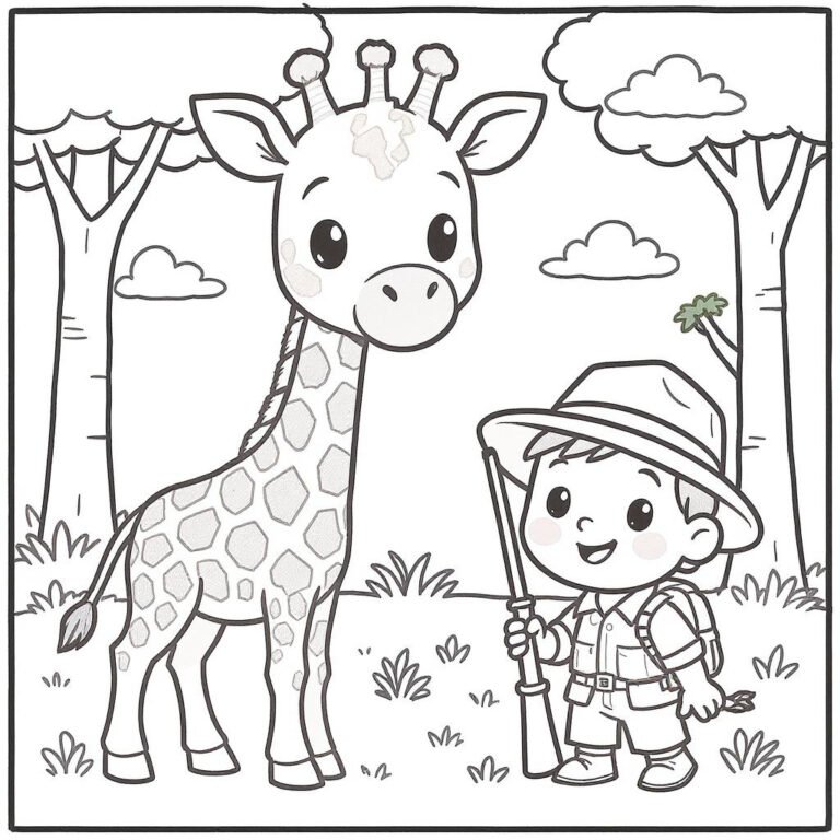 This coloring page features a giraffe standing beside a young hunter boy holding a gun, surrounded by tall trees.