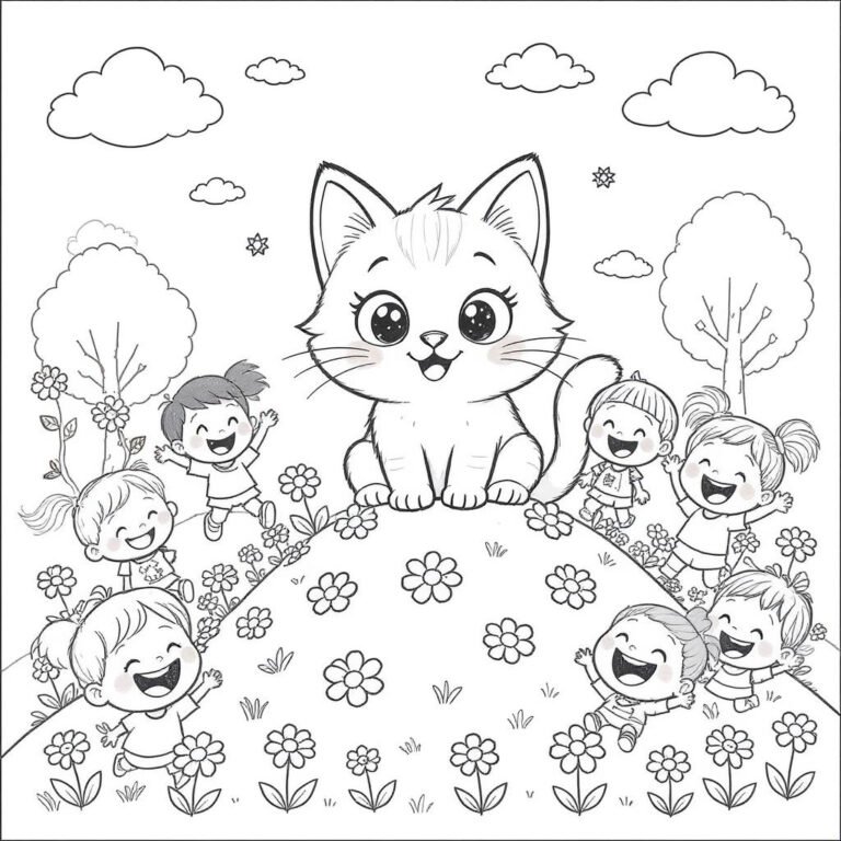 This coloring page features a cat on a flowery hill surrounded by joyful kids.
