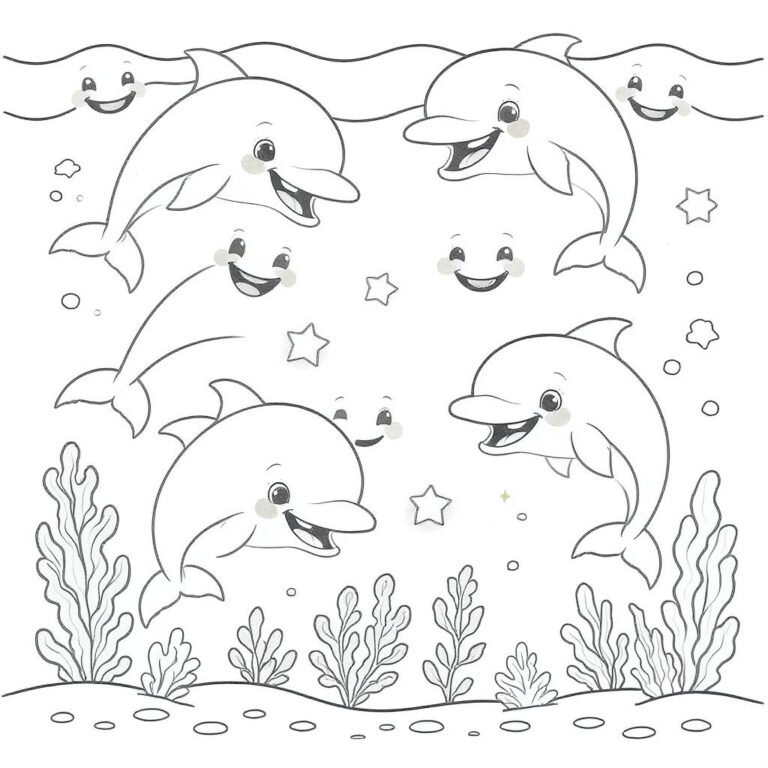 This coloring page features several dolphins swimming together in the open ocean with gentle waves and plants around them.