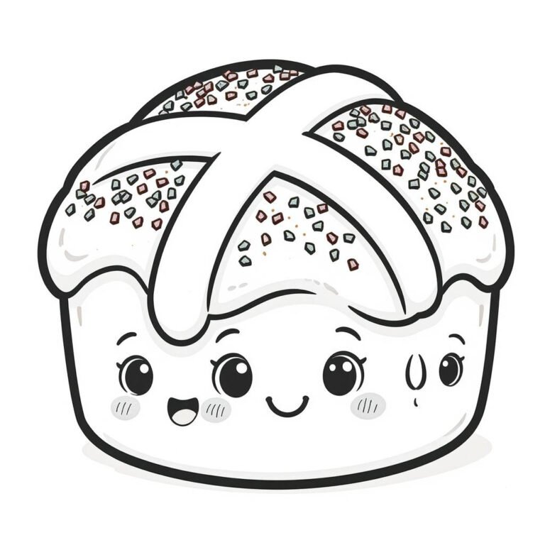 This coloring page features a hot cross buns set against a simple background.