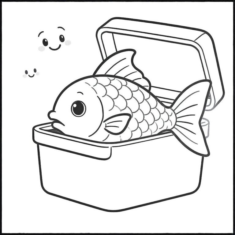 This coloring page features a fish inside a cooler set against a simple background.