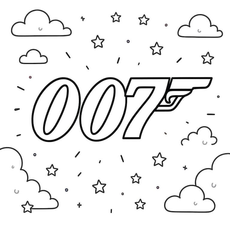 This coloring page features the 007 logo surrounded by floating stars and dots, adding a celestial theme to the secret agent setting.