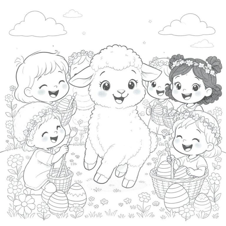 This coloring page features a group of excited children carrying baskets filled with Easter eggs while playing with a lamb.