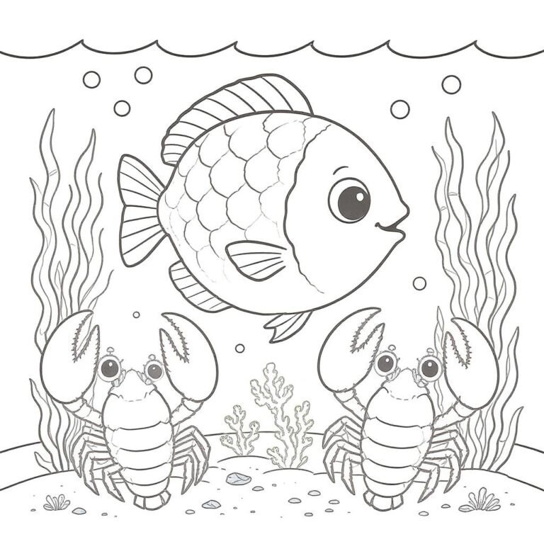 This coloring page features a fish swimming above crabs, surrounded by seaweed and water bubbles.