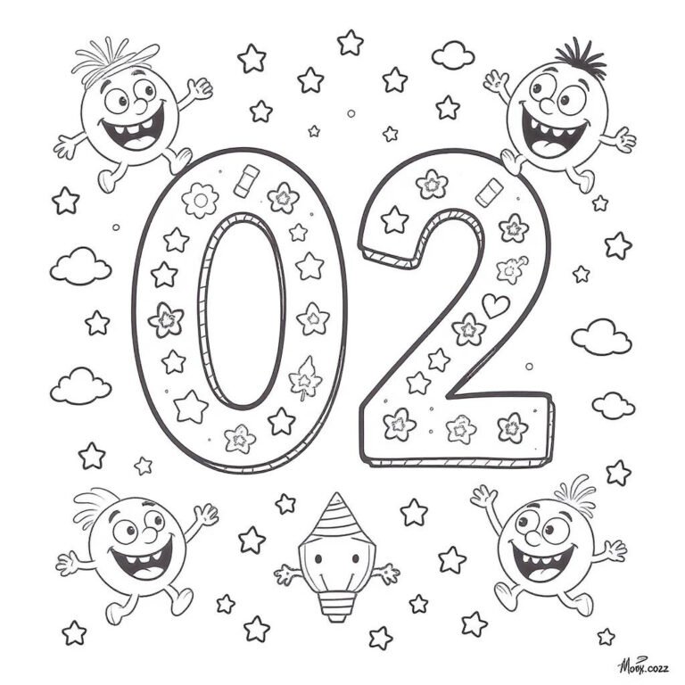 This coloring page features the number "02" surrounded by cartoons and stars.