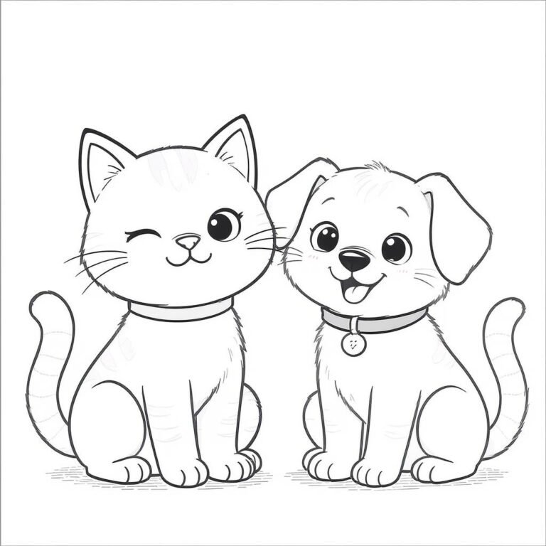 This coloring page features a winking cat and a friendly dog sitting side by side.