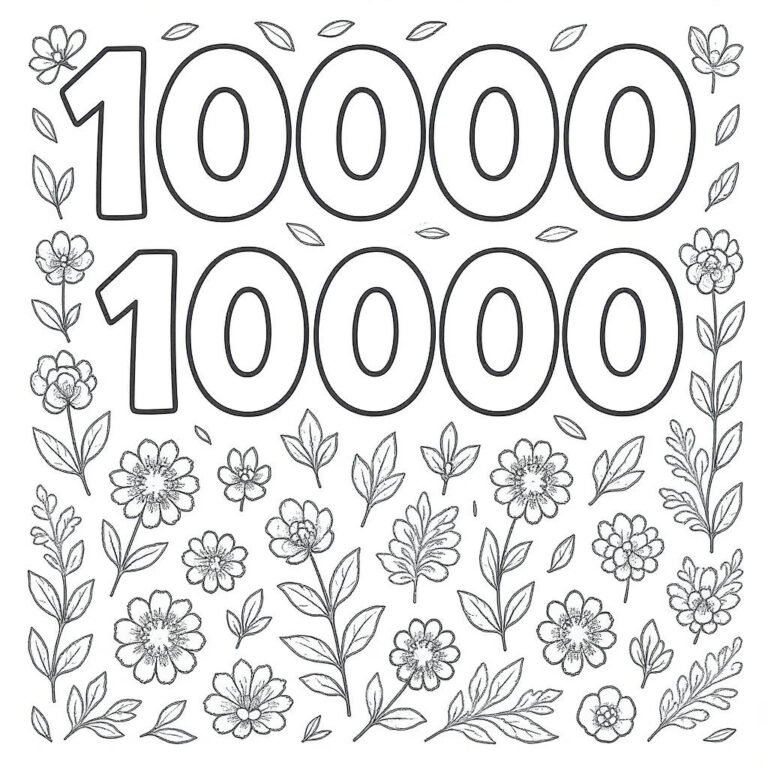 This coloring page features the number 10,000 repeated twice, surrounded by tall flowers.