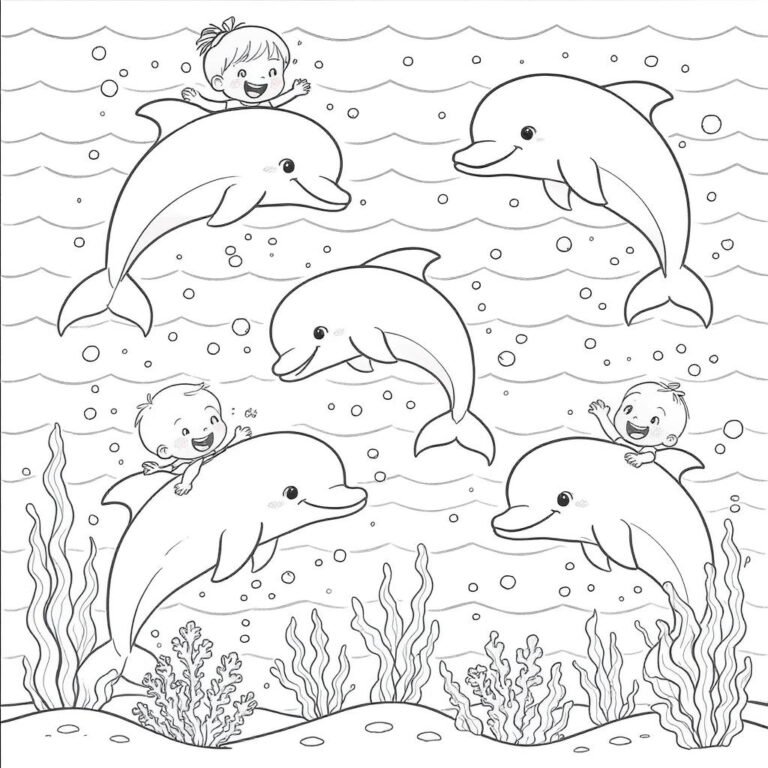 This coloring page features five dolphins swimming with kids on their backs, surrounded by gentle waves and water bubbles.