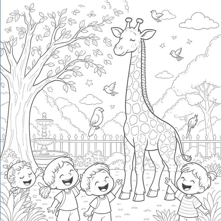 This coloring page features a tall giraffe standing gracefully with four laughing kids underneath a tall tree filled with leafy branches.