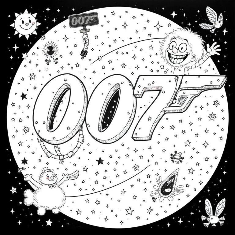 This coloring page features the 007 logo inside a dark, circular starfield.