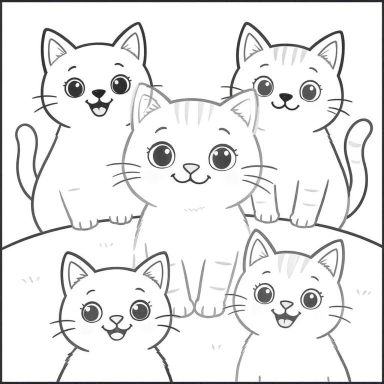 This coloring page features five wide-eyed cute cats.