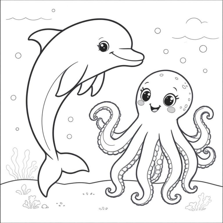 This coloring page features a dolphin and an octopus undersea with water bubbles around them.