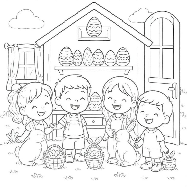 This coloring page features four excited children with bunnies, gathering colorful Easter eggs during an Easter egg hunt.