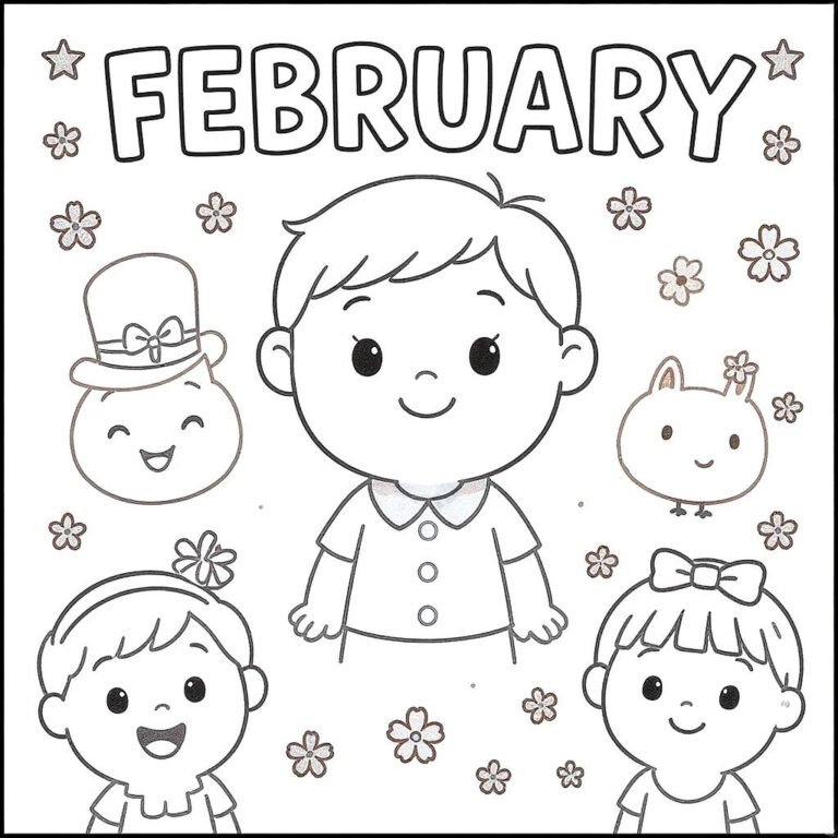 This coloring page features three little kids and the word "FEBRUARY."