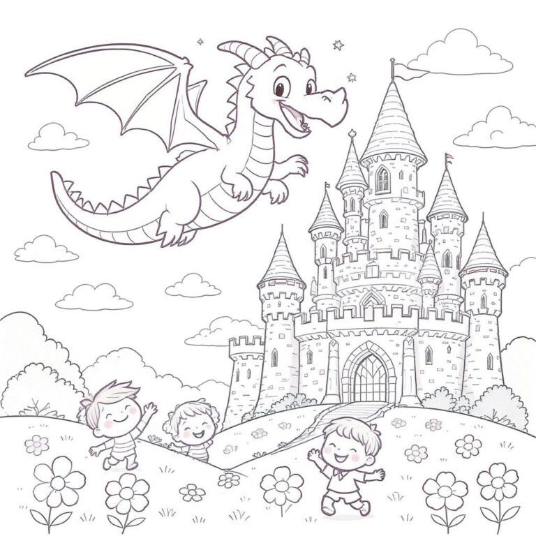 This coloring page features a dragon soaring high above a majestic castle.