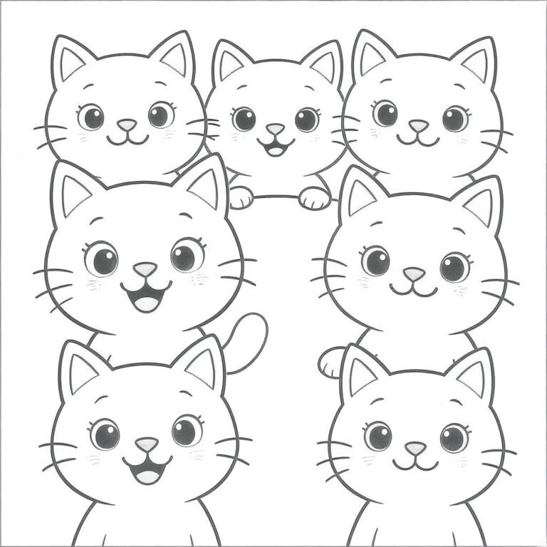 This coloring page features seven cats in a picture-worthy pose.