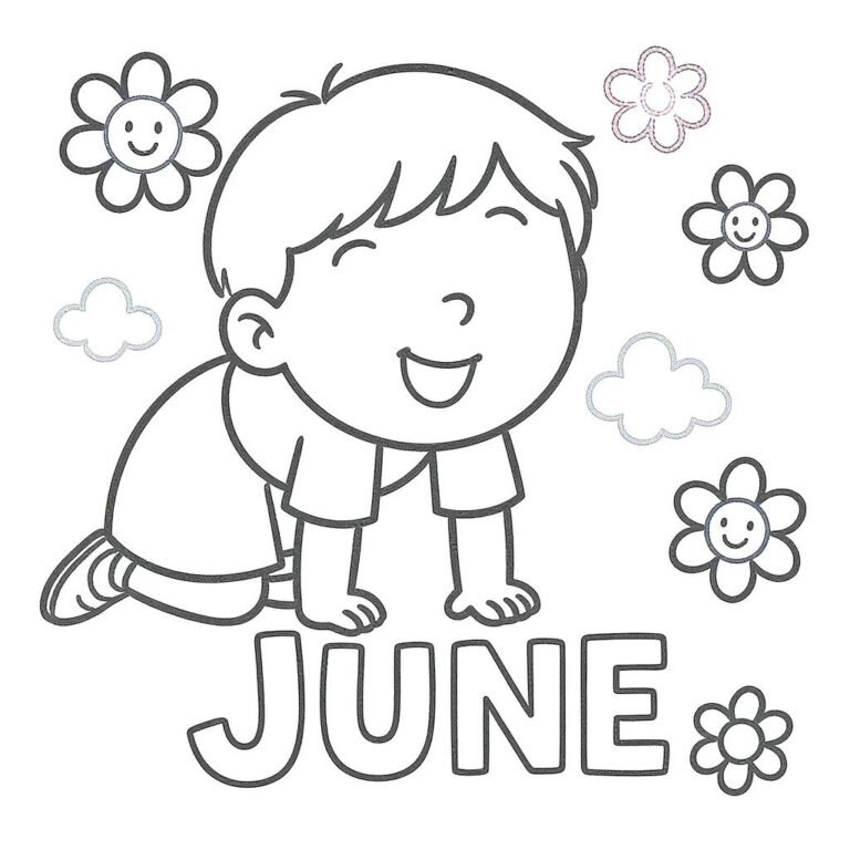 This coloring page features a young boy on his hands and knees, with the word "June" below him, surrounded by vibrant flowers.