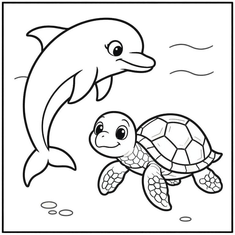 This coloring page features a dolphin swimming alongside a sea turtle.