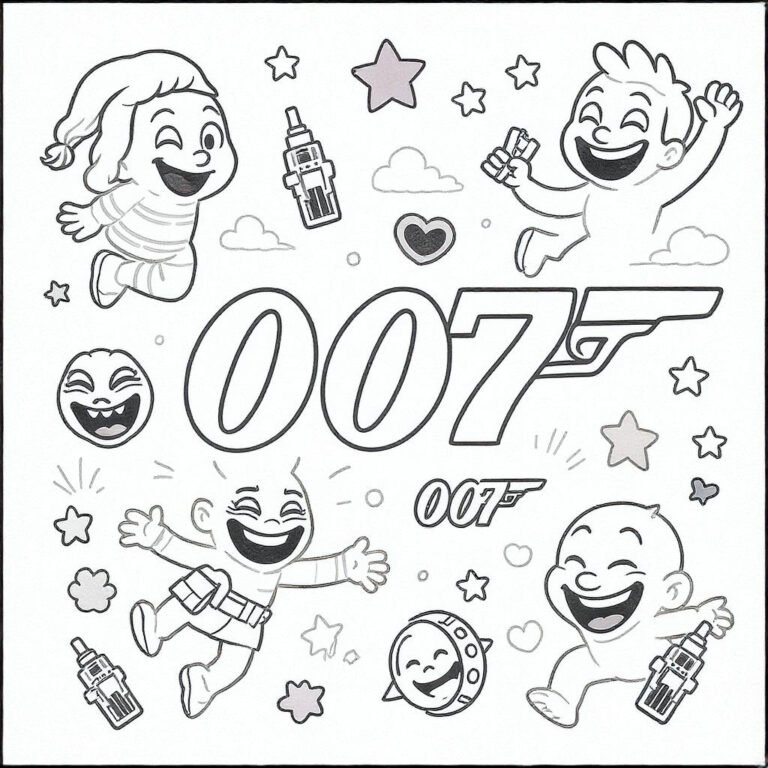 This coloring page features young cartoon characters with 007 boldly written in the middle.