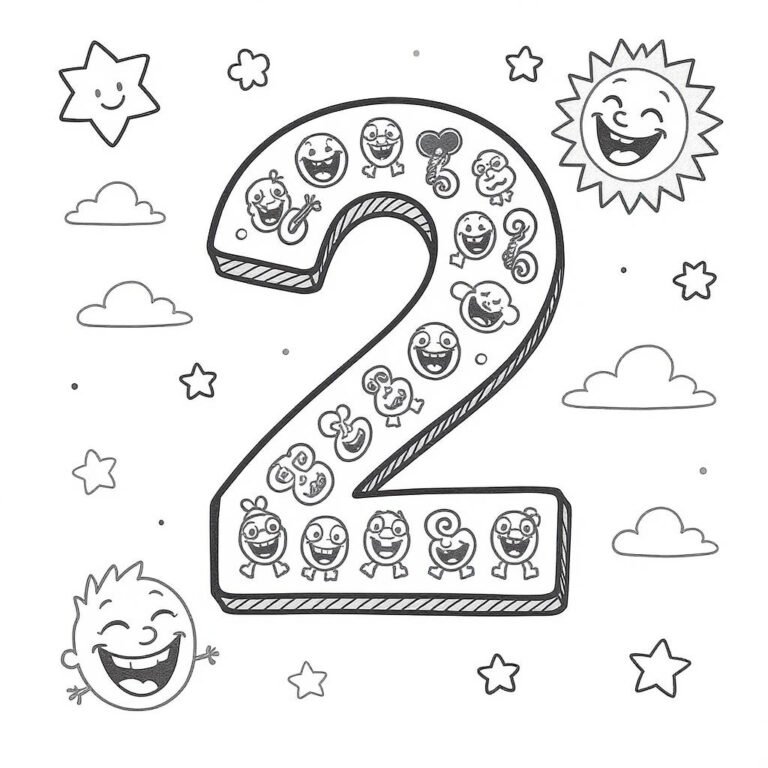 This coloring page features the number "02" decorated with stars, cheerful suns and and other cosmic shapes.