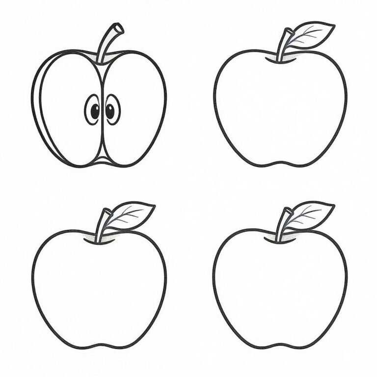 This coloring page features four fresh apples.