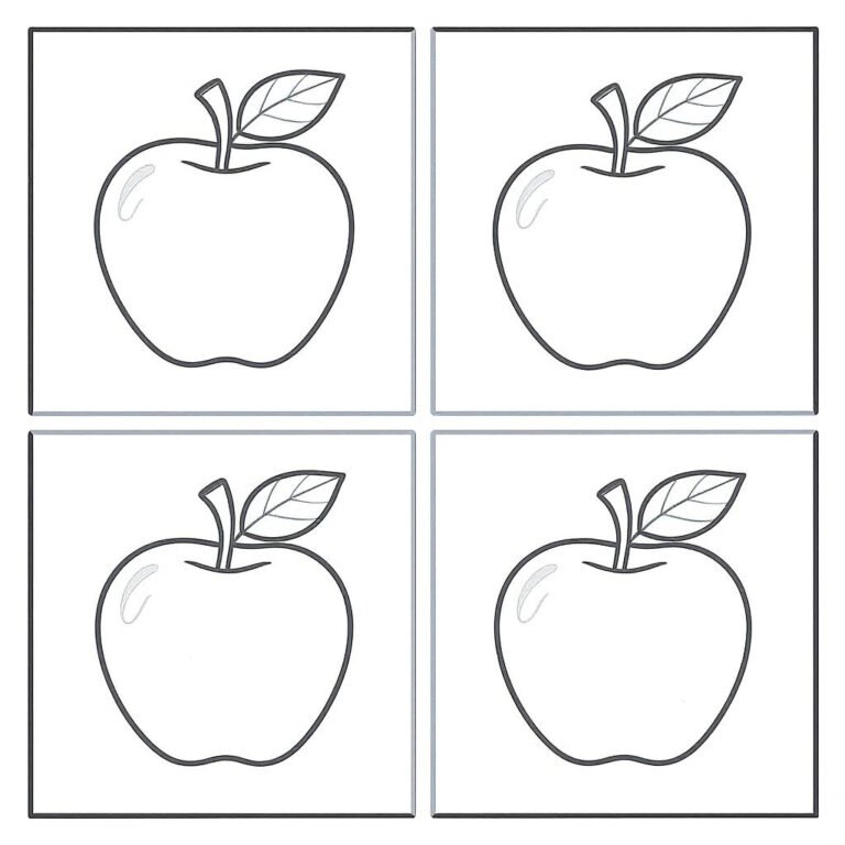 This coloring page features four apples in different boxes.