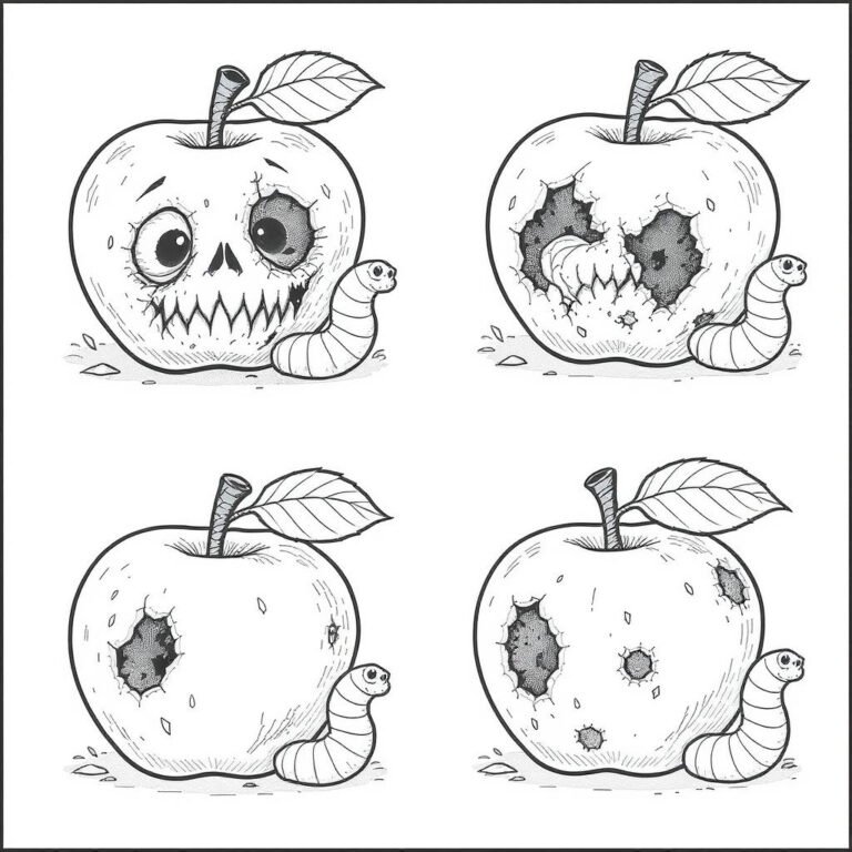 This coloring page features four rotten apples.