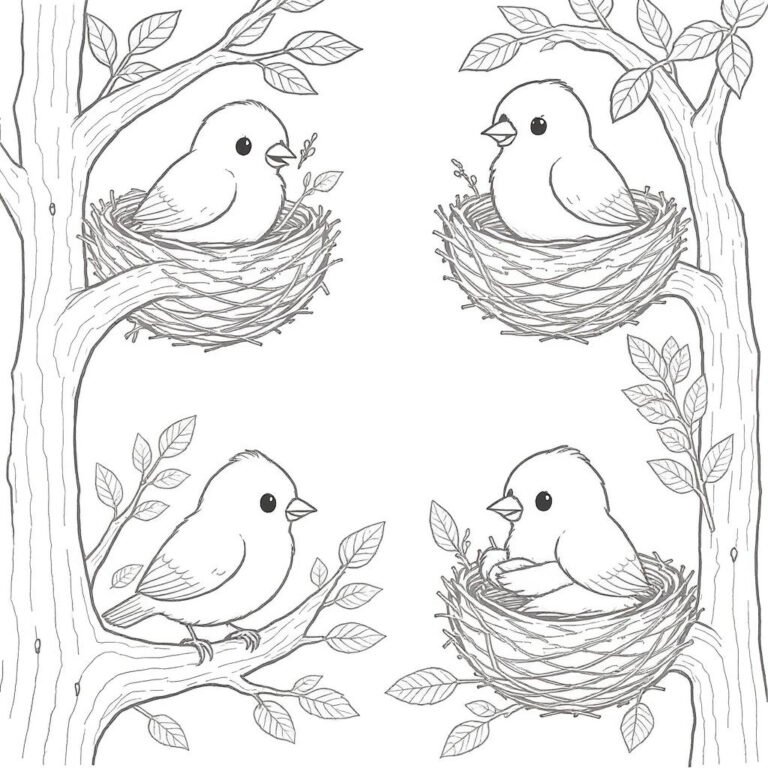 This coloring page features four birds, while three of the birds are sitting in a nest.