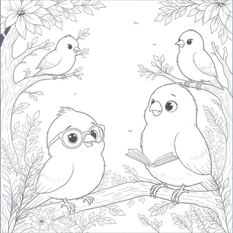 This coloring page features four birds perched on a pine tree branch.