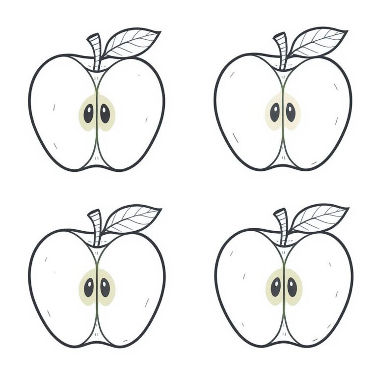 This coloring page features four cute apples with eyes.