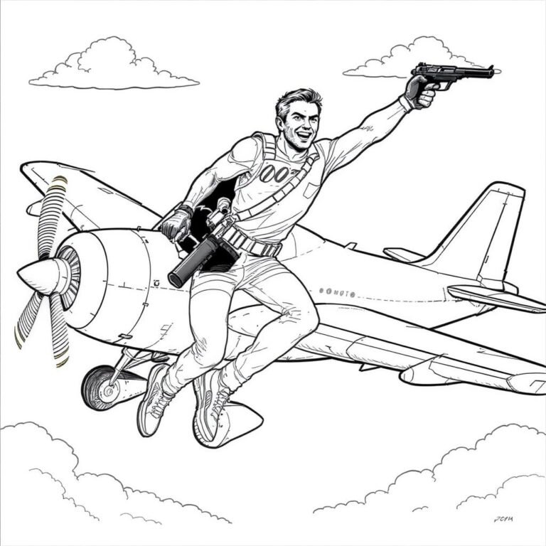 This coloring page features an airborne secret agent leaping from a plane.