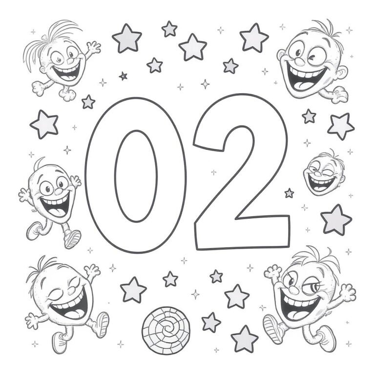 This coloring page features the number "02" surrounded by cartoon smiley faces and stars.