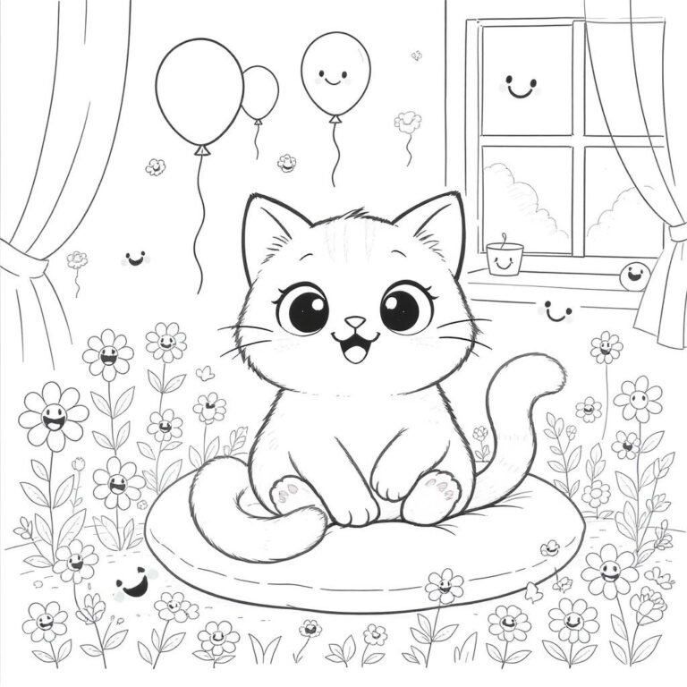 This coloring page features an adorable cat sitting in a cozy room decorated with balloons and flowers.
