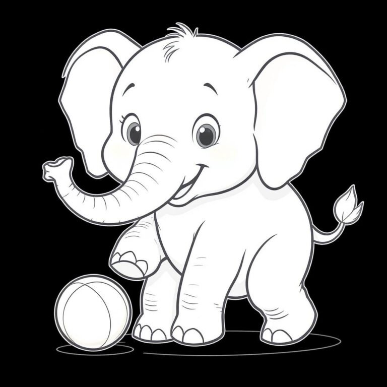 This coloring page features a white outline of an elephant playing with a ball against a simple black background.