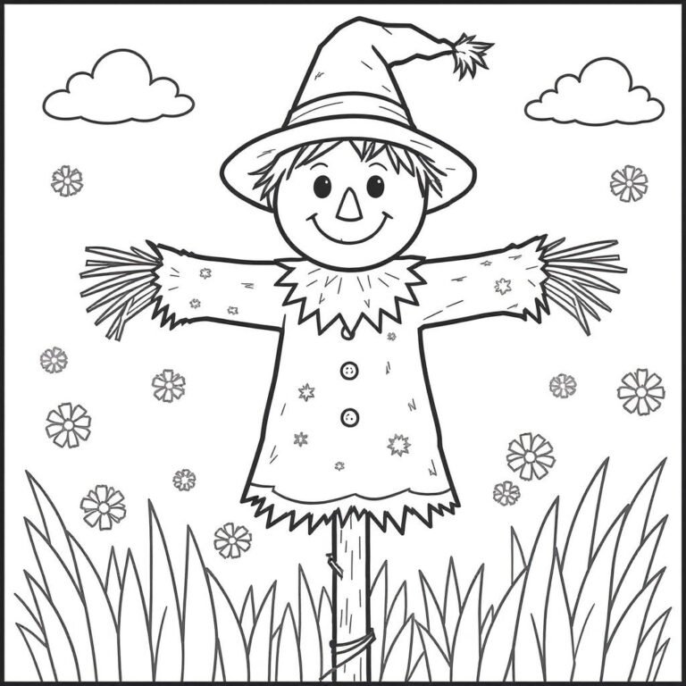 This coloring page features a scarecrow standing in a forest beneath fluffy clouds.