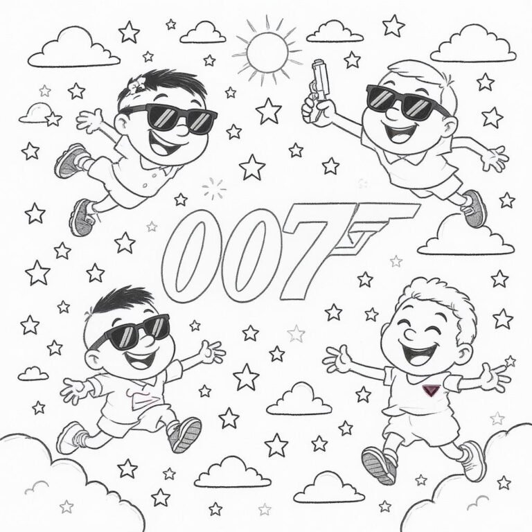 This coloring page features whimsical doodles of agents and gadgets orbiting around the central 007 logo.
