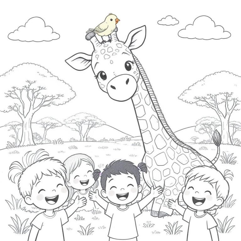This coloring page features four cheerful kids playing with a friendly giraffe, set against a scenic background.