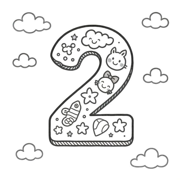 This coloring page features the number "2" with floating clouds.