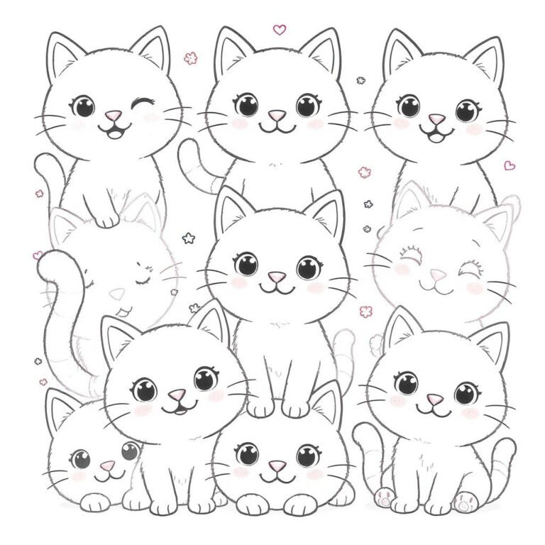 This coloring page features eight adorable cats.