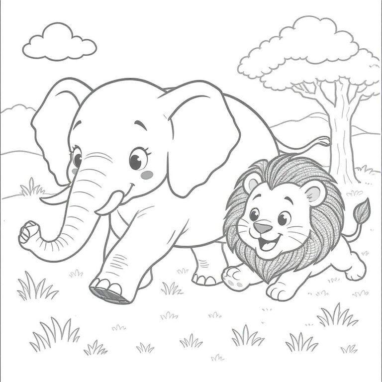 This coloring page features an elephant and a lion engaged in a friendly yet competitive running race through a lush forest, with trees surrounding them.