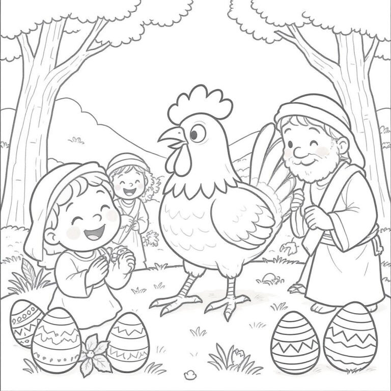 This coloring page features a hen and three adults surrounded by colorful Easter eggs.